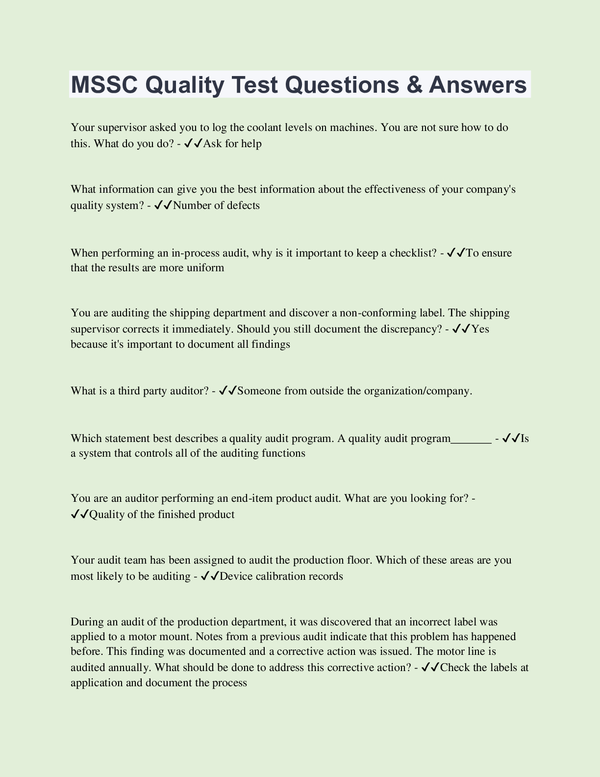 MSSC Quality Test Questions & Answers 110 Questions with 100 Correct Answers Updated